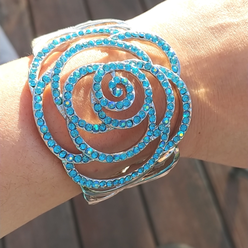 Rose Aqua blue silver tone bangle cuff bracelet NWT